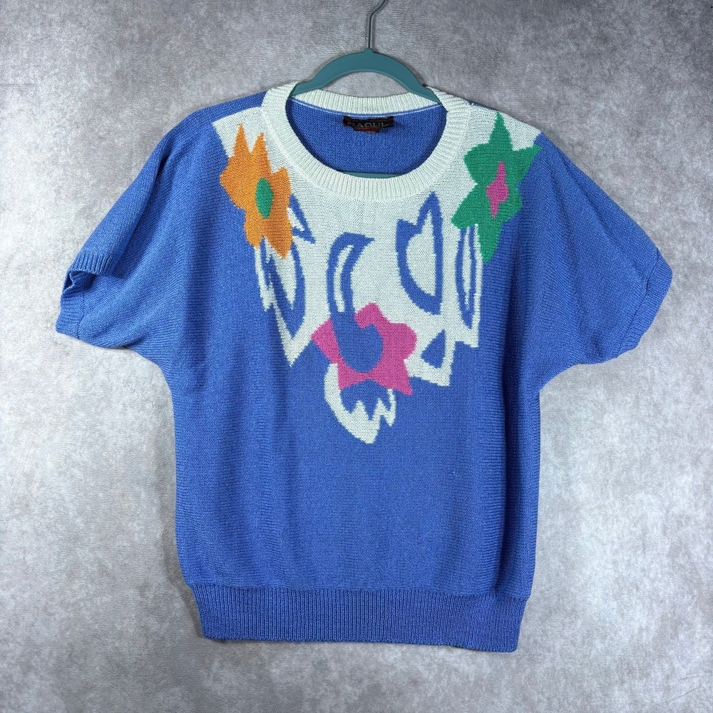 Vintage Raoul Sweater Women Size 14 Blue Knit Floral Dolman Sleeve Crew Neck 90s